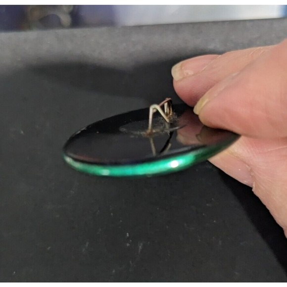 Vintage 1980s Russian Brooch Pin Hand Painted Floral Oval Lacquered Signed Green - Picture 5 of 7